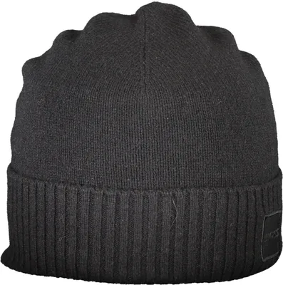 A black knitted beanie hat.