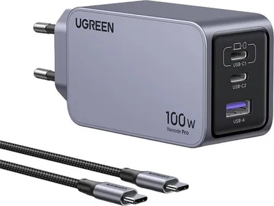 Obrázek produktu pro Ugreen Nexode Pro EU 3-Port GaN PD Fast Charger With USB-C Cable, Vnitřní, AC, Černá, Šedá