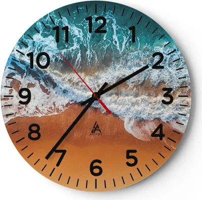 Produktbild von Wanduhr - Rund - Glasuhr - Sand Wasser Strand - 40x40cm - Schleichendes Uhrwerk - Lautlos - zum Aufhängen bereit - Dekoration Modern - Wanddekoration aus Glas - C4AR40x40-5021
