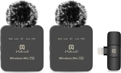 Produktbild von PULUZ PU647B Drahtloses Mikrofonsystem mit 1 Empfaenger und 2 Sendern, 10 m uebertragungsreichweite, integrierter Akku-Ersatz fuer iPhone, Computer, Laptop, Kamera fuer Live-Streaming, Interview, Vlog