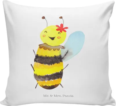 Produktbild von Mr. & Mrs. Panda zier kissen Biene Happy - Weiß - Geschenk, Dekokissen, Sofa, 40x40, kuschelkissen, Polster, Kleines