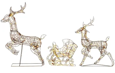 Produktbild von 3-tlg. beleuchtetes Rentier- und Schlitten-Set, Weihnachtsdeko aus Polyrattan mit LEDs, 8 Modi, Timer