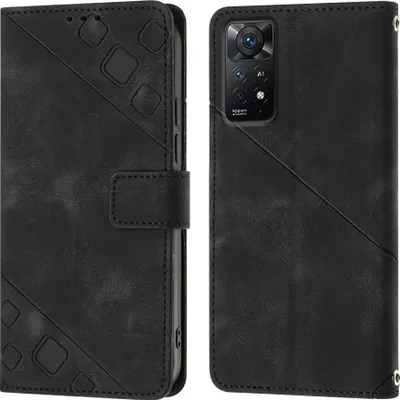 A black leather flip wallet case for a smartphone is shown from the front and back.