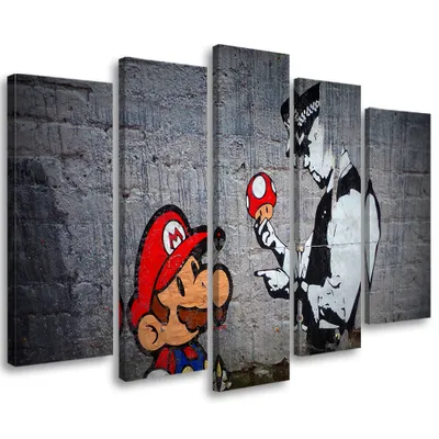 Produktbild von 5-teiliges leinwandbild banksy mario-graffiti 150x100 cm Feeby grau wandbild bereit zum aufhängen