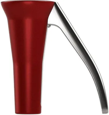 A close-up side view of a red and silver nutcracker against a white background.