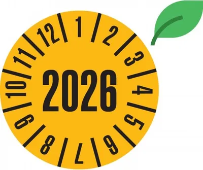 Produktbild von Dreifke® Jahresprüfplakette 2026, gelb, ökologische Folie, selbstkl., Ø 30mm,...