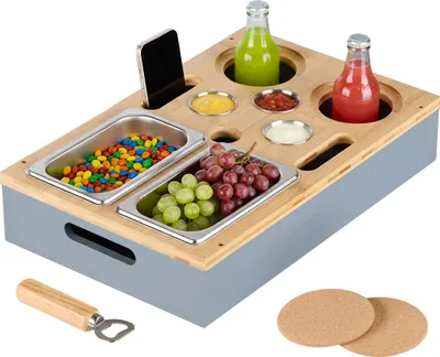 Produktbild von Relaxdays Couchbar, Bambus, 2 Snackschalen, 3 Dipschalen, Edelstahl, Getränke- & Weinglashalter, Sofabar, grau/natur
