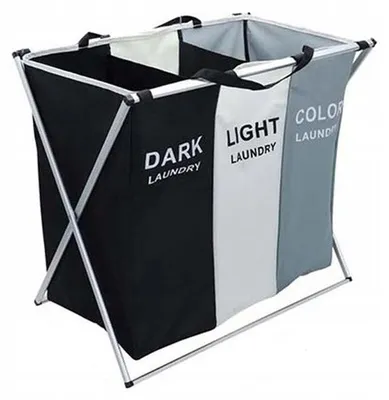 Productafbeelding van Wasmand van 130 liter met 3 compartimenten, wit/zwart/meerkleurig, waterdicht polyester, opvouwbaar aluminium frame