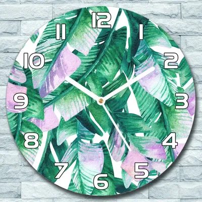 Produktbild von Wanduhr aus Glas Rund fi 30 Bananenblätter Quarz Deko Wohnzimmer Büro