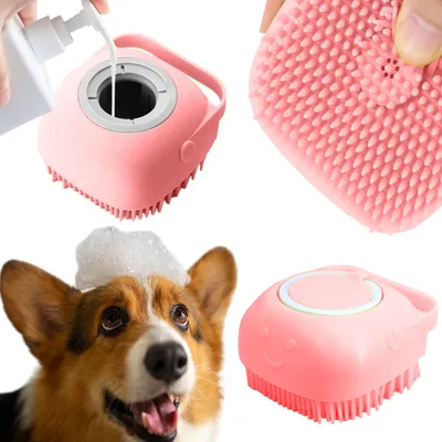 Produktbild von Domarex Silikonbürste für Hunde und Katzen mit Shampoo-Spender – Weiche Reinigung und Massage für Ihr Haustier - Rosa