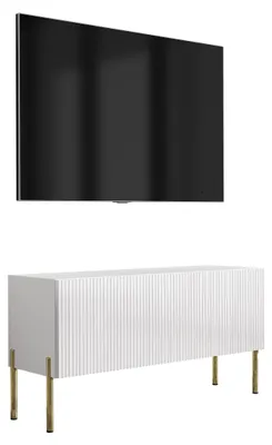 Image de Meuble TV avec façade à motifs en relief, de couleur blanc mat, et pieds dorés droits