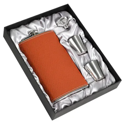 Immagine prodotto di Borraccia da uomo, capacità 350 ml, in acciaio inossidabile 304, con 2 tazze e imbuto, confezione regalo in pelle marrone