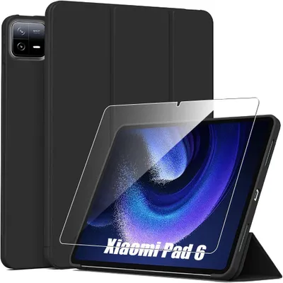 Image de Coque + Verre Trempé pour Xiaomi Pad 6 /6 Pro, Antichoc avec Fonction Support Veille-Réveil - Noir