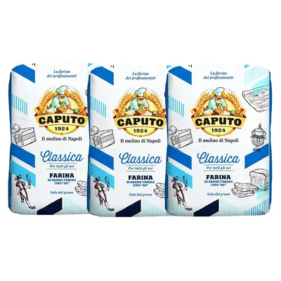 Three bags of Caputo 'Classica' flour are displayed side-by-side against a white background.