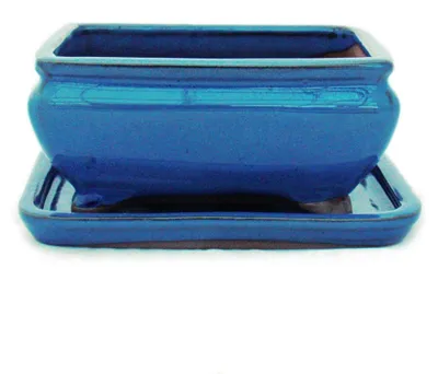 Produktbild von Bonsai-Schale mit Unterteller Gr. 2 - Blau - eckig - Modell G81 - L 14,5cm - B 11,3cm - H 6,6cm