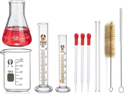 Obrázok produktu pre Sklenená laboratórna meracia súprava s Erlenmeyerovými bankami, kadičkami, fľaštičkami, valcami, pipetami, štetcami