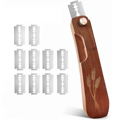 Produktbild von Brot Lahm,Teigschneider aus Holz mit 10 Klingen, Brot Bäcker Cutter, Baguettemesser, Brotschneider aus Edelstahl,mit Schraubverschluss,für Muster & Schnitte