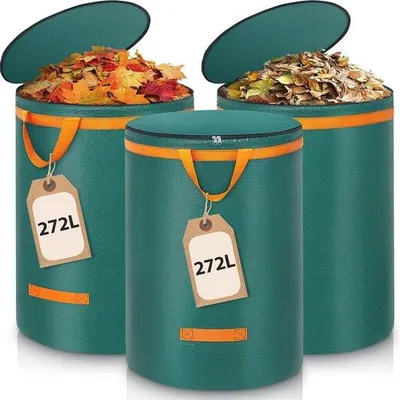 Immagine prodotto di Set di 3 sacchi per rifiuti da giardino – 272 litri – Sacchi resistenti con coperchio e manici – Autostanti – Verdi