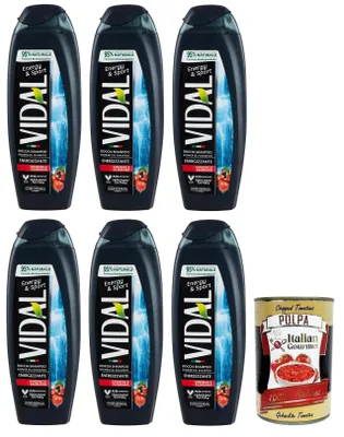 Produktbild von 6x Vidal Energy & Sport Doccia Shampoo Duschshampoo Duschgel mit Ginseng und Guarana,250ml + Italian Gourmet Polpa di Pomodoro 400g Dose