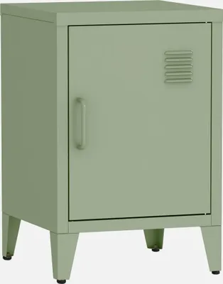 A single, light green, industrial-style nightstand with one door and four legs, shown against a white background.