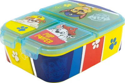 A Paw Patrol themed lunchbox with three compartments.