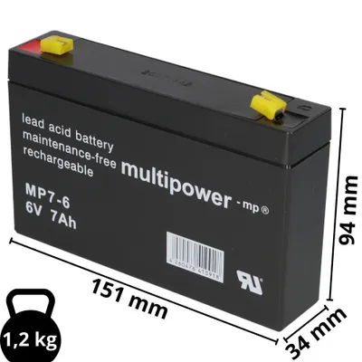 Zdjęcie produktu dla Akumulator kwasowo-ołowiowy Multipower MP7-6 Pb 6V 7Ah Fatson 4,8mm