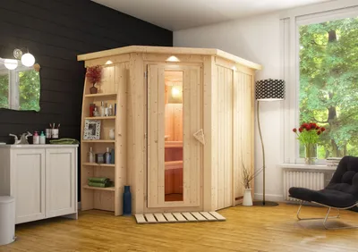 Produktbild von Karibu Sauna Innensauna Saja Eckeinstieg Ofen 3,6 kW -Ofen externe Strg. easy 210x165x202 cm mit Dachkranz  mit Energiespartür