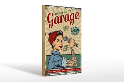 Produktbild von Holzschild Retro 20x30cm Pinup welcome Garage service 24/7
