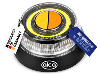 Obrázek produktu pro Varovné světlo alca® LED V16, nouzové osvětlení 100 lm, s magnetem a háčkem, vhodné pro osobní automobily. Dvojstupňové stmívání, 360 stupňů, blikající světlo, trvalé světlo, 6 hodin provozu, ochrana proti stříkající vodě IP54, 3 AAA baterie, rozměry 90 x 45 mm