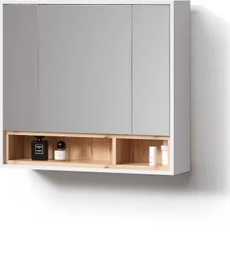A bathroom cabinet with a mirror and open shelves.