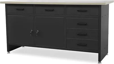Produktbild von Werkbank mit Arbeitsplatte Werktisch mit 6 Schubladen 2 Schließfächer Verstellbare Füße MDF-Arbeitsplatte Belastbar bis 500 kg Metall 170 cm x 60 cm x 85 cm Schwarz