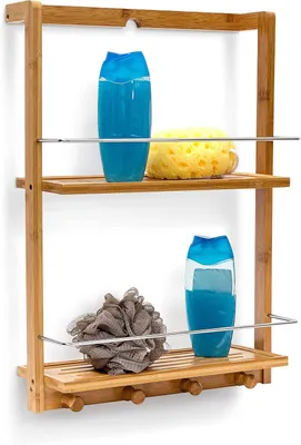 Productafbeelding van Doucherek bamboe - 2 etages - 53 x 38 x 15,5 cm - Flaconhouder - 4 handdoekhaken - Naturel