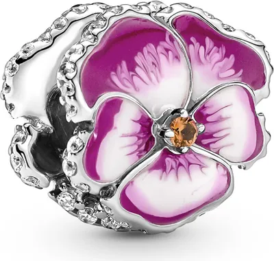 A close-up studio shot of a Pandora charm shaped like a pansy flower.