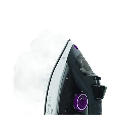 A close-up shot of a steam iron emitting steam against a white background.