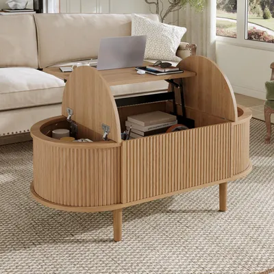 Produktbild von STILVORA Couchtisch oval verstellbar mit Stauraum im Vintage-Stil, Wohnzimmer-Couchtisch mit multifunktionaler Nutzung und Massivholzbeinen, Aufbewahrungstisch für Wohnzimmer mit modernem Design