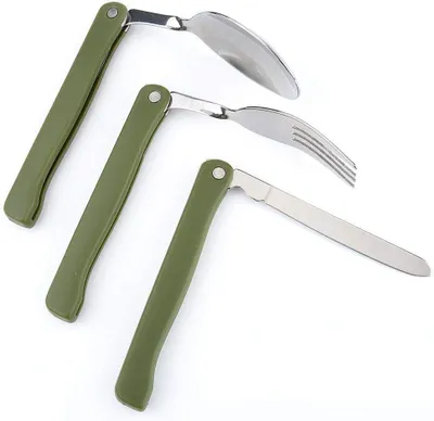 Imagen del producto de Juego de cubiertos para exteriores, de acero inoxidable, plegable, de 3 piezas, ideal para camping