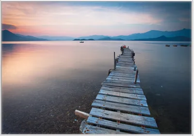Produktbild von Wallario Wandbild Steg am See- Idylle bei Sonnenuntergang, Größe: 70,30 x 100,30 cm, Poster mit weißem Kunststoffrahmen