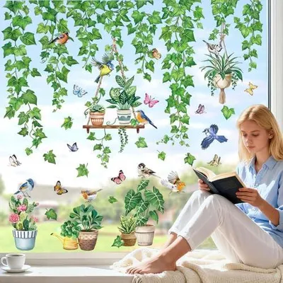 Produktbild von Fensteraufkleber Hängende Rebe Grün mit Blättern und Vögeln