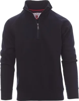 A navy blue quarter-zip sweatshirt is shown against a white background.