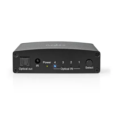 Obrázek produktu pro Digitální audio přepínač | 4cestný | Připojení - vstup: DC napájení / 4x TosLink | Připojení - výstup: zásuvka TosLink | Tlačítko / dálkové ovládání / manuál | Kov | Černá barva