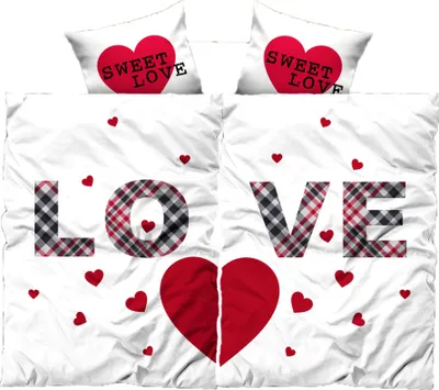 A bedding set with a "LOVE" design and hearts.