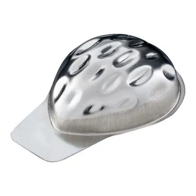 A single, metallic object with a dimpled surface and a flat tab extending from one side, presented on a white background.