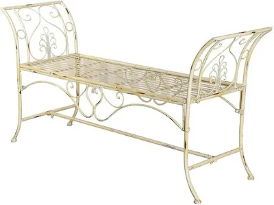 Obrázok produktu pre Záhradná lavička SHABBY CHIC, oceľová, biela, 130 cm. Vintage lavička, vzhľad starožitnosti, romantický štýl, nostalgická, s efektom opotrebovania, kovové záhradné nábytky, štýl vidieckej chalupy, pre balkón, terasu, vonkajšie použitie, záhradná dekorácia