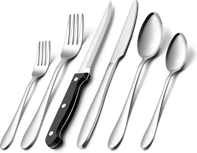 Productafbeelding van Unyqoos® Bestekset, 72-delig voor 12 personen – 18/0 roestvrij staal, hoogglanz gepolijst; 12 sets bestaande uit (vorken, messen, soeplepels, koffielepels, taartvorken) + 12 steakmessen, vaatwasmachinebestendig