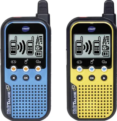 Two VTech KidiTalkie walkie-talkies, one blue and one yellow, are shown side-by-side against a white background.
