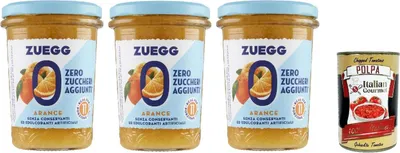 Produktbild von Zuegg zero zuccheri Arance Marmelade Orangen Konfitüre jam Zuckerfrei, Brotaufstriche 3x 220g + Italian Gourmet polpa 400g