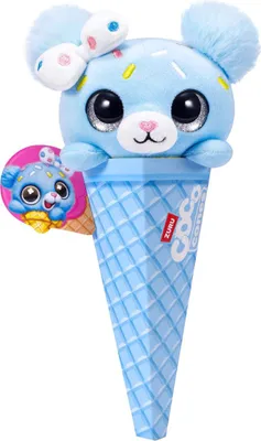 A blue plush toy bear wearing a bow, peeking out of a blue ice cream cone.