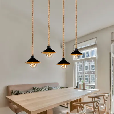 Produktbild von Pendelleuchte, Hanfseil, schwarz, gold,4-flammig, H 170 cm
