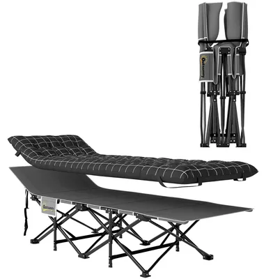 Zdjęcie produktu dla Składane łóżko campingowe z materacem - czarne | Kolor: czarny | Wymiary: 67x190x37 cm