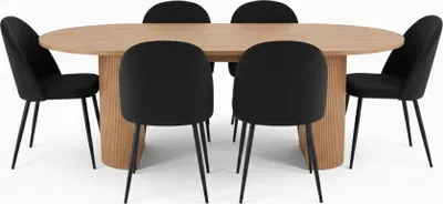 Produktbild von Kyoto Essgruppe Esstisch 100x210cm Natur, 6 Stühle Velours schwarz.